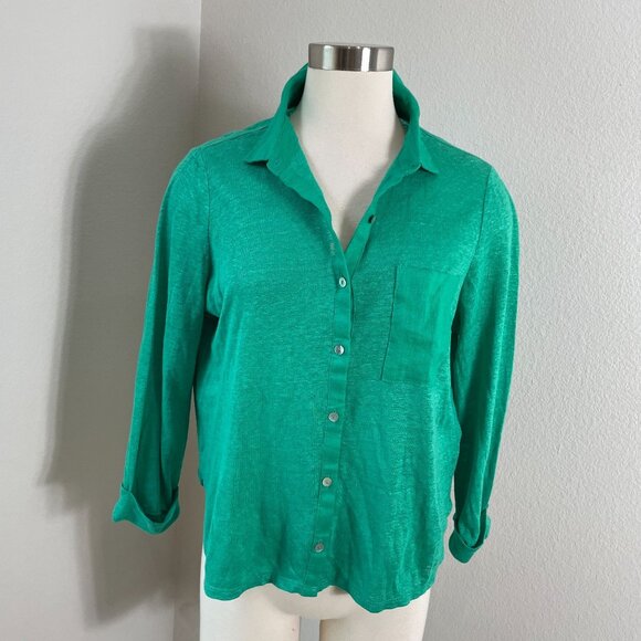 NEW Sigrid Olsen Womens Small Kelly Green 100% Linen Button Up Shirt 3/4 Sleeve - Picture 1 of 11